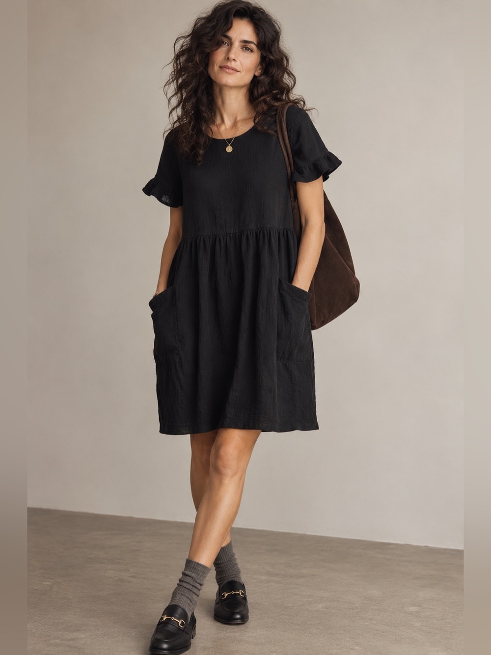Black Short Sleeve Babydoll Dress with Pockets ~ comparable to size large